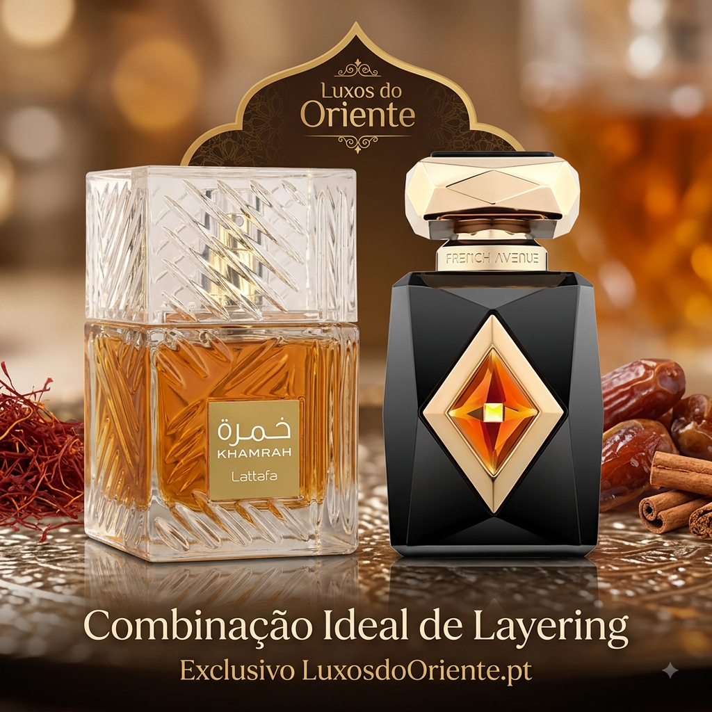 Conjunto Khamrah e Amber Saffron da Luxos do Oriente, frascos de perfumes com aromas sofisticados e elegantes.
