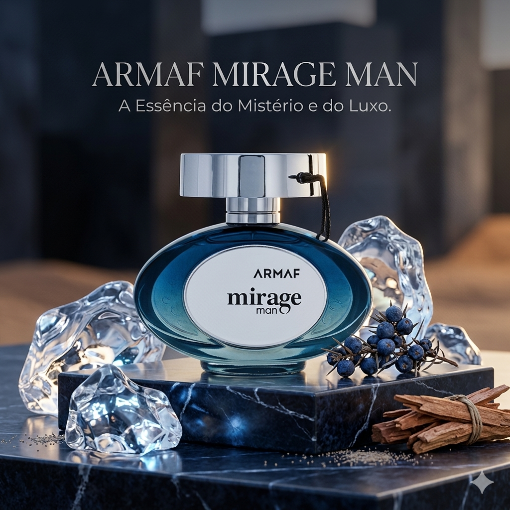 Frasco de perfume Eau de Parfum Mirage Man da Armaf, embalagem elegante e design sofisticado, para homens.