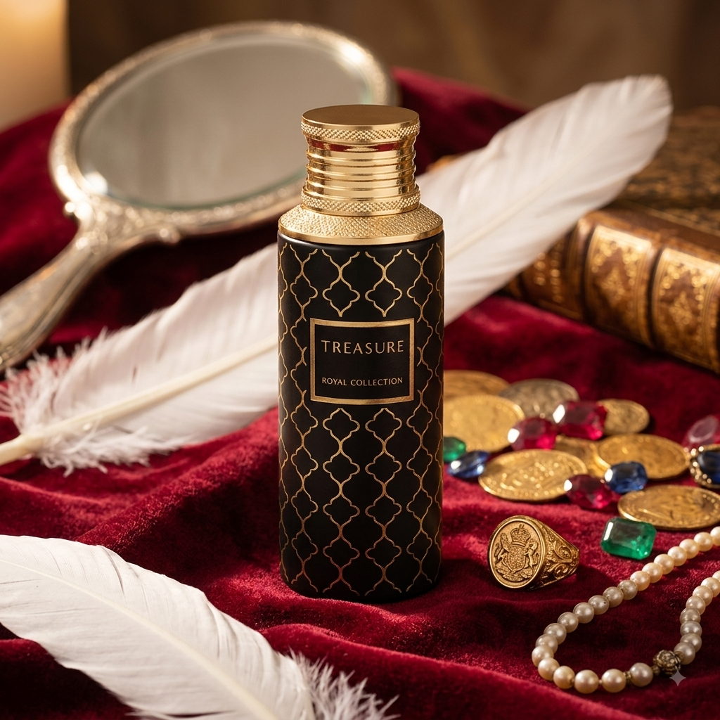 Frasco de Eau de Parfum Treasure da Maison Asrar, com design elegante e detalhes dourados, para mulheres sofisticadas.