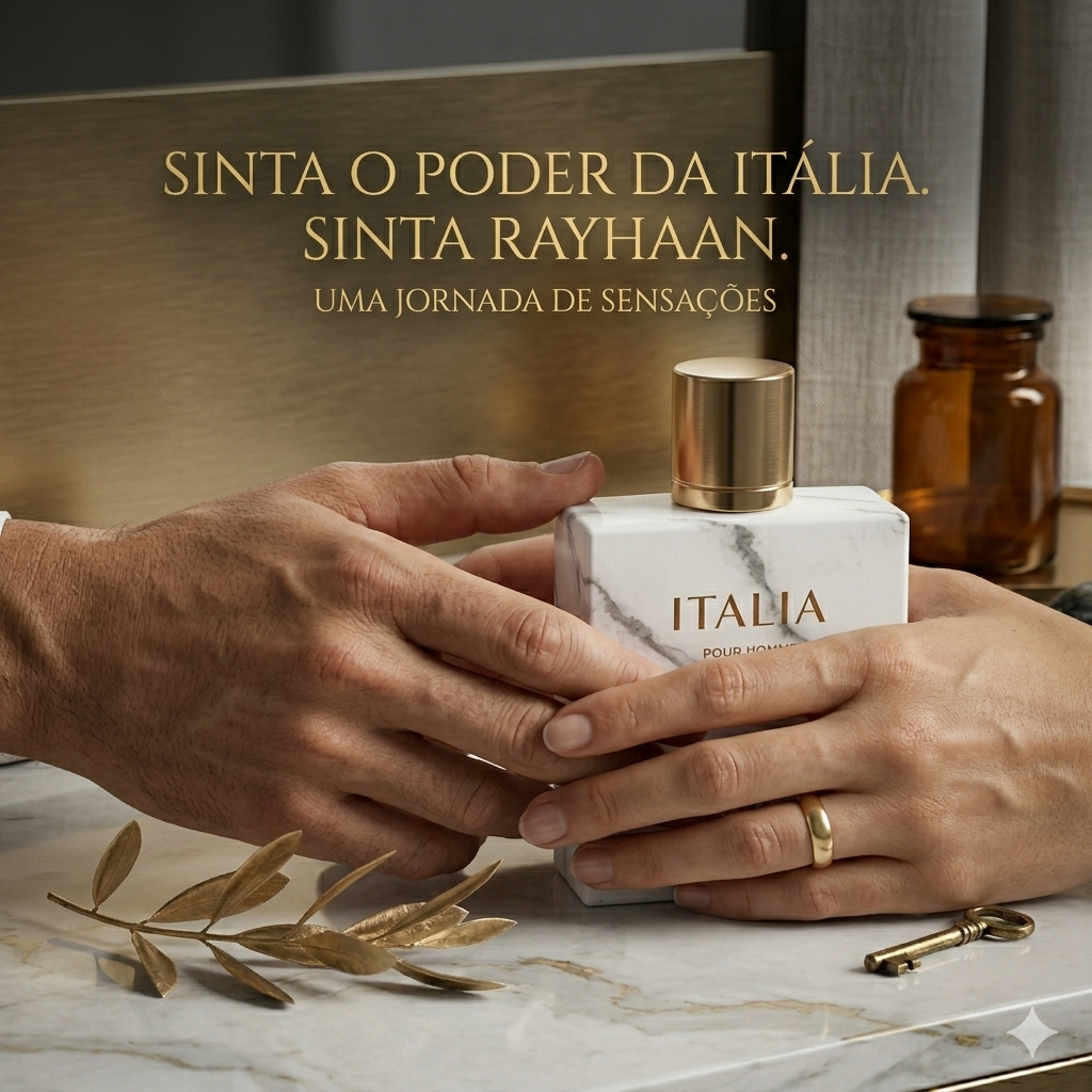 Frasco de perfume Rayhaan Italia - Eau de Parfum Rayhaan Original, embalagem elegante com detalhes dourados.