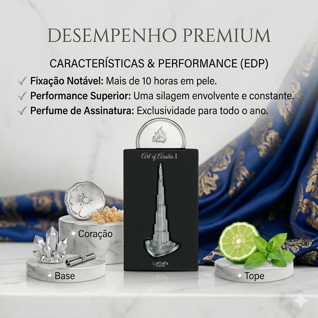 Frasco de Eau de Parfum Art of Arabia I da Lattafa Pride Original, com design elegante e detalhes dourados.