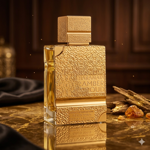 Frasco de perfume Al Haramain Amber Oud Gold Dubai Edition, extrait de parfum original, com embalagem elegante e dourada.