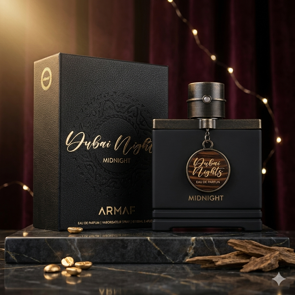 Frasco de Eau de Parfum Dubai Nights Midnight da Armaf, com design elegante e detalhes que refletem sofisticação.