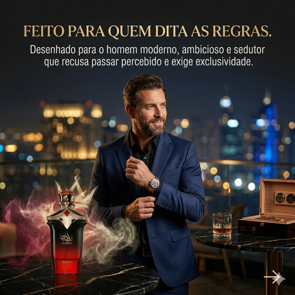 Frasco de perfume Gladius - Extrait de Parfum da Luxos do Oriente, com design elegante e detalhes sofisticados.