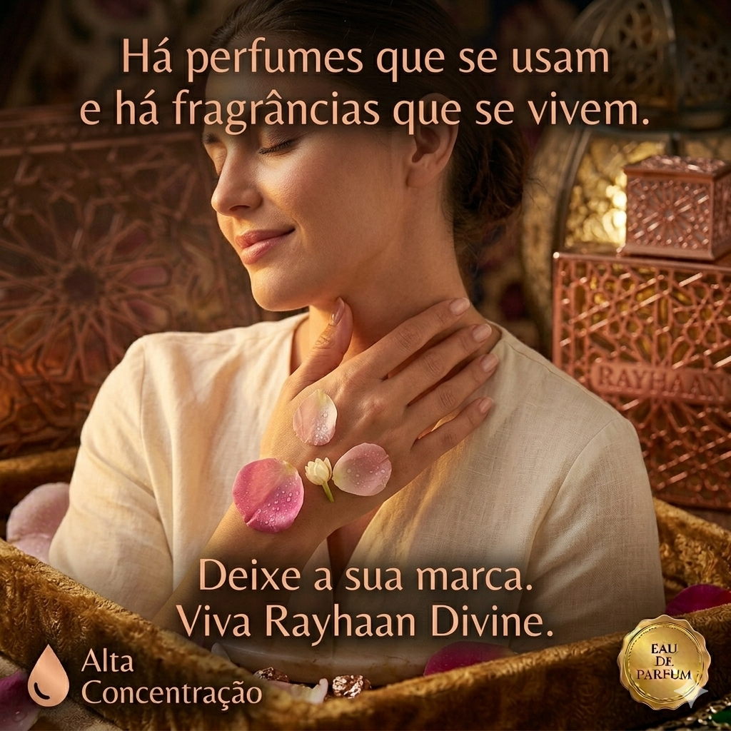 Frasco de perfume Rayhaan Divine Original da Luxos do Oriente, eau de parfum, com design elegante e detalhes dourados.