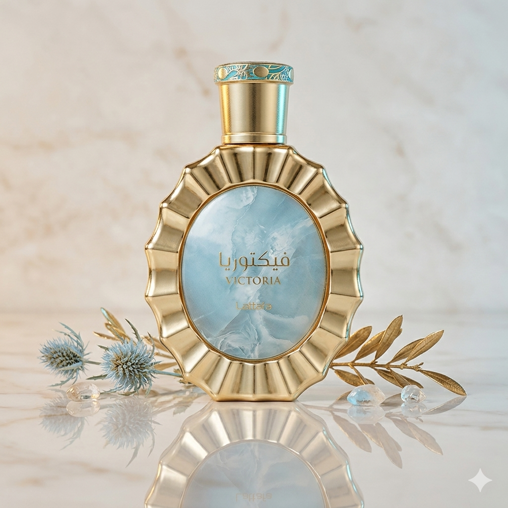 Frasco de Eau de Parfum Victoria Lattafa, fragrância elegante com detalhes dourados e embalagem sofisticada.