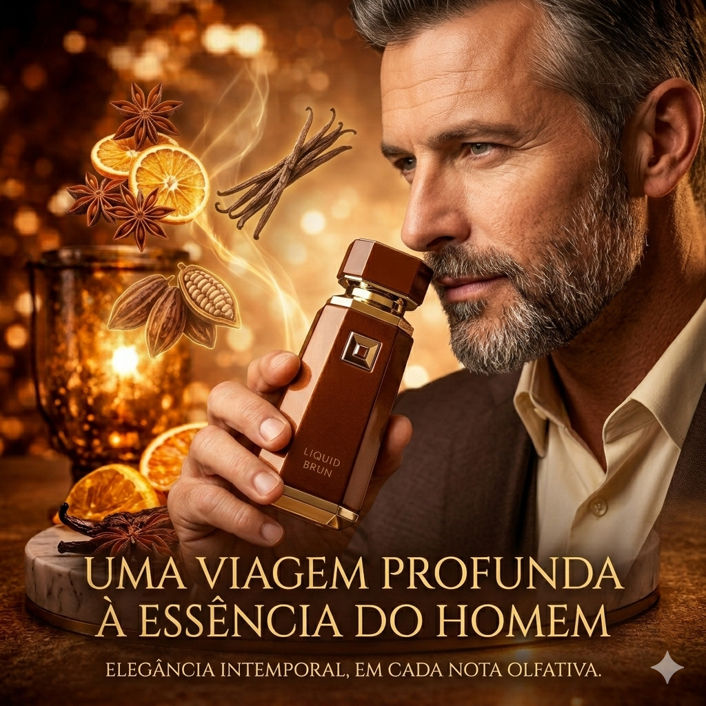 Liquid Brun by Oud de Ouro, a rich brown liquid in a stylish bottle with a minimalist design.