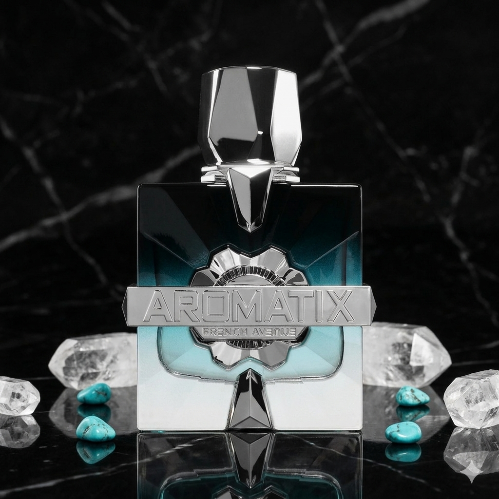 Frasco de perfume Aromatix Frostbite da Luxos do Oriente, com embalagem elegante e rótulo visível, sobre fundo neutro.