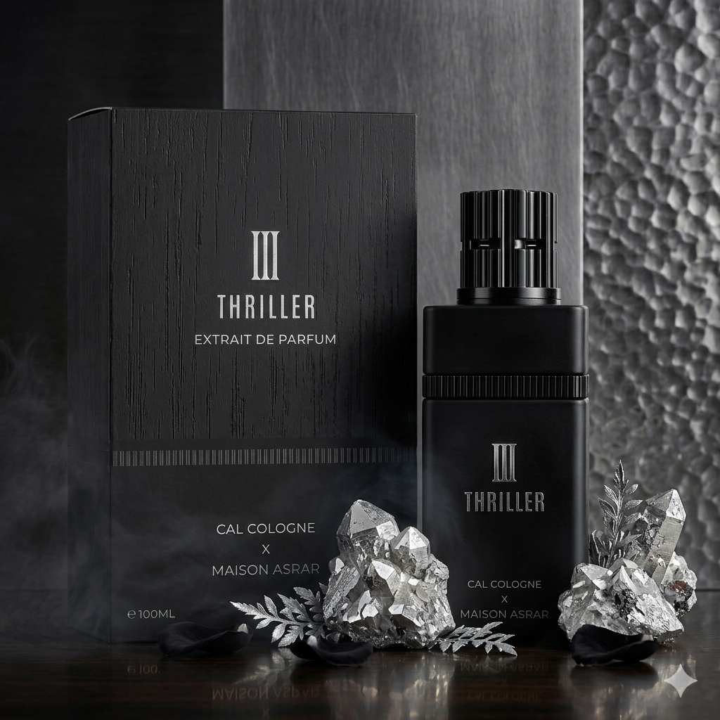 Extrait de Parfum bottle of Thriller by Cal Cologne x Maison Asrar, featuring a stylish design and elegant packaging.
