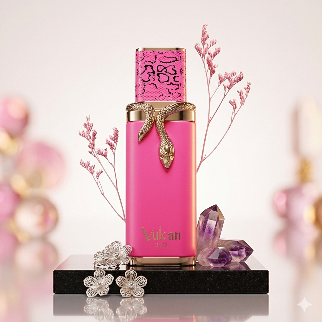 Vulcan Baie Eau de Parfum da Luxos do Oriente, frasco de perfume francês com design elegante e detalhes dourados.