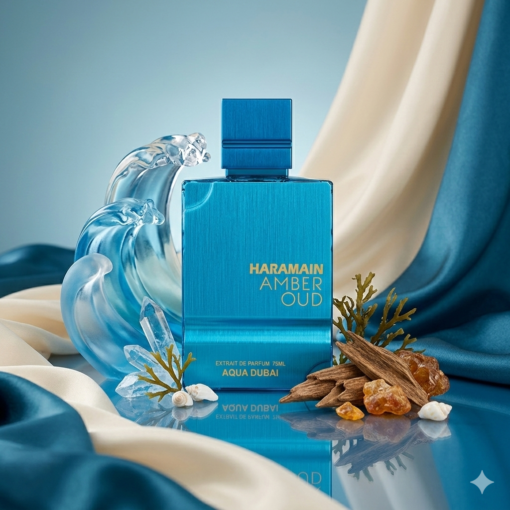 Frasco de perfume Haramain Amber Oud Aqua Dubai da Al Haramain, com design elegante e rótulo visível.