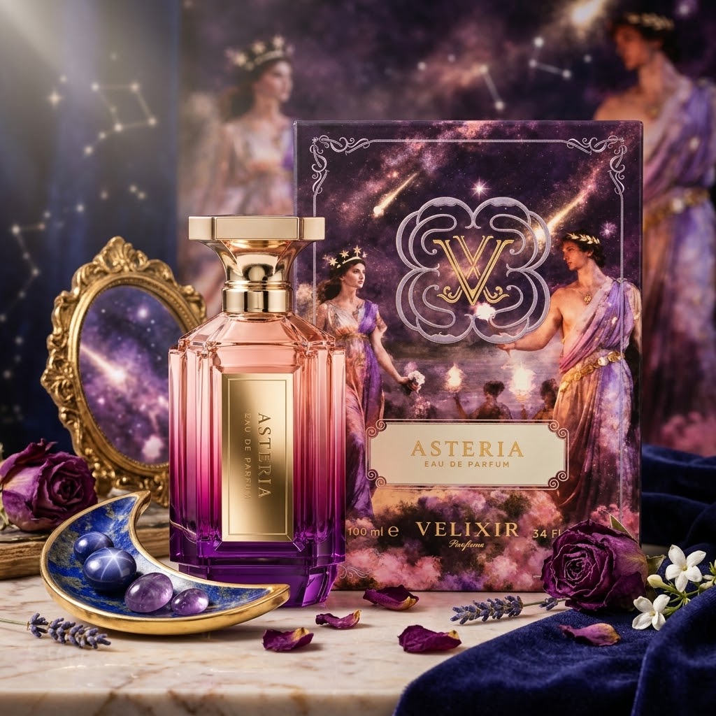 Perfume Asteria Eau de Parfum Velixir da Luxos do Oriente, frasco elegante com capa dourada e detalhes sofisticados.