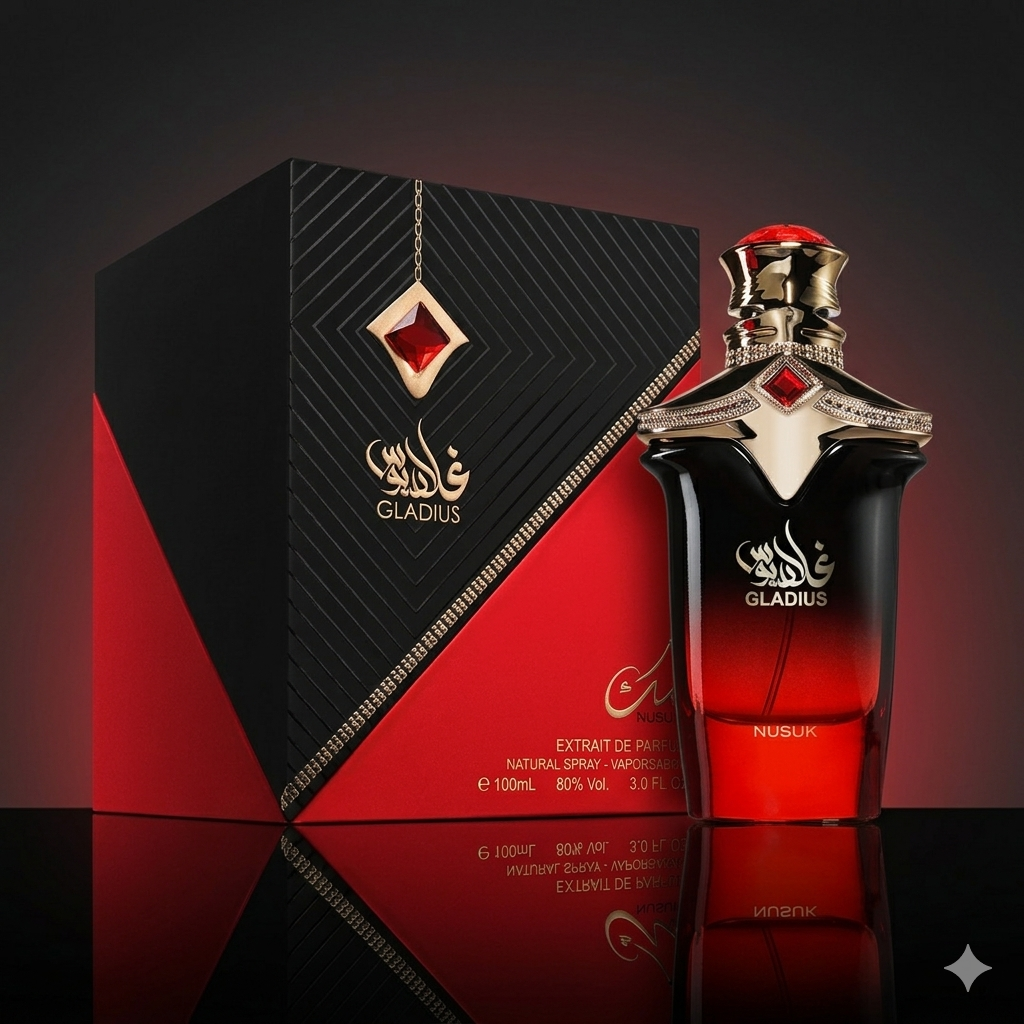 Frasco de perfume Gladius da Luxos do Oriente, extrait de parfum Nusuk Original com design elegante e sofisticado.