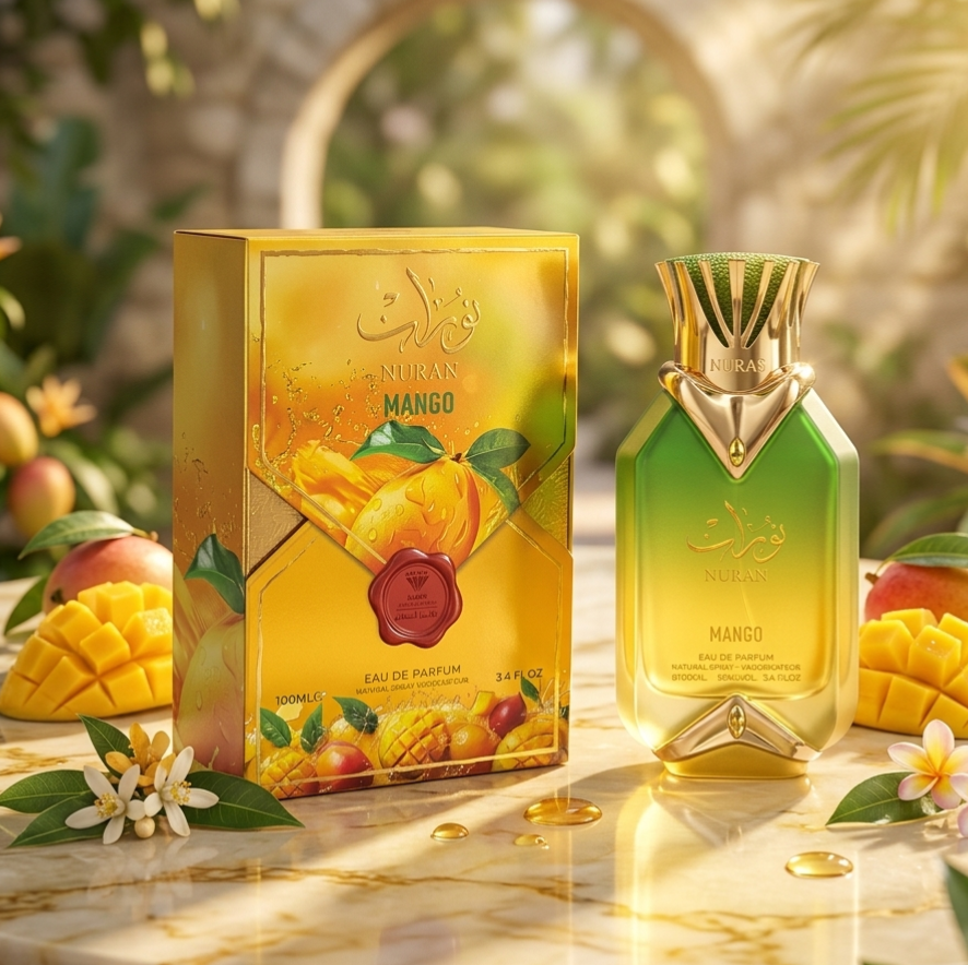 Frasco de Eau de Parfum Nuran Mango da Almas Perfumes, com design elegante e detalhes dourados, refletindo sofisticação e aroma frutado.