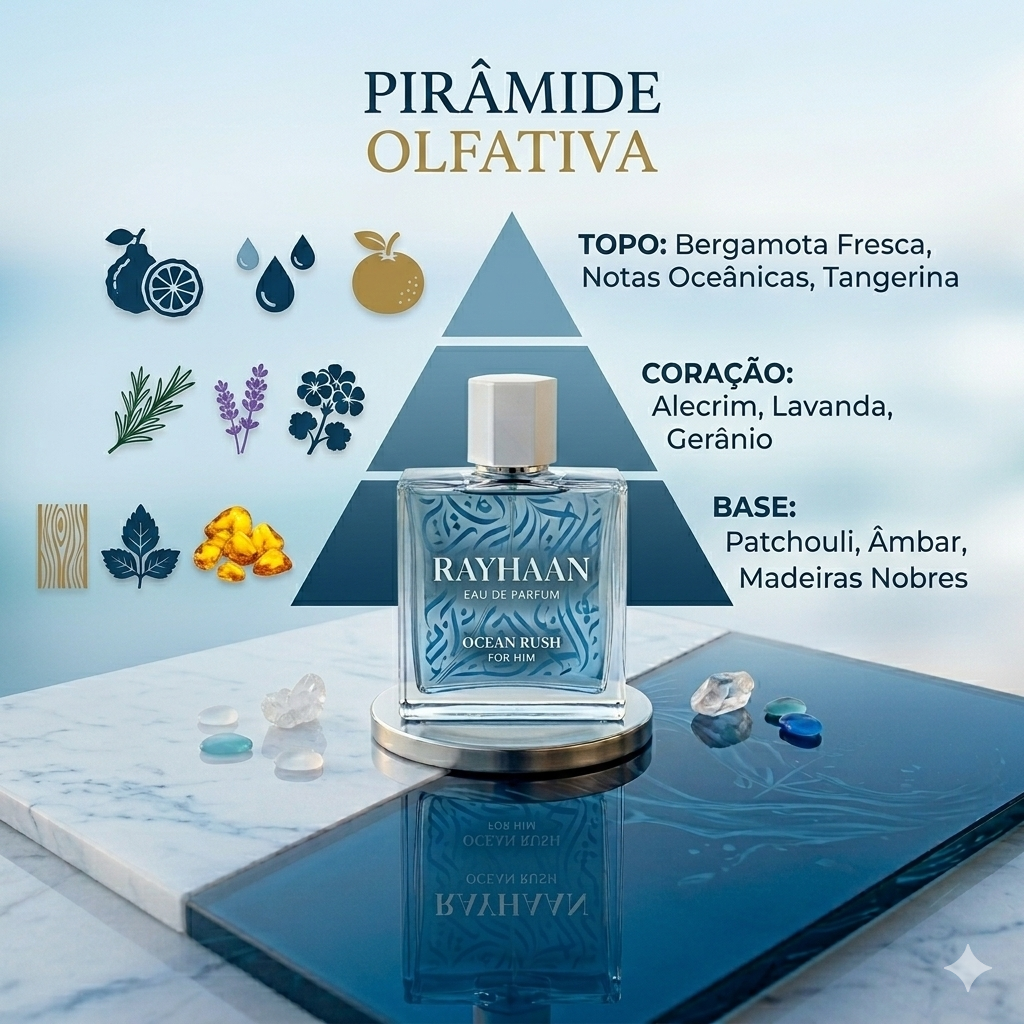 Rayhaan Ocean Rush Eau de Parfum by Luxos do Oriente in an elegant bottle with ocean-themed design and soft blue hues.