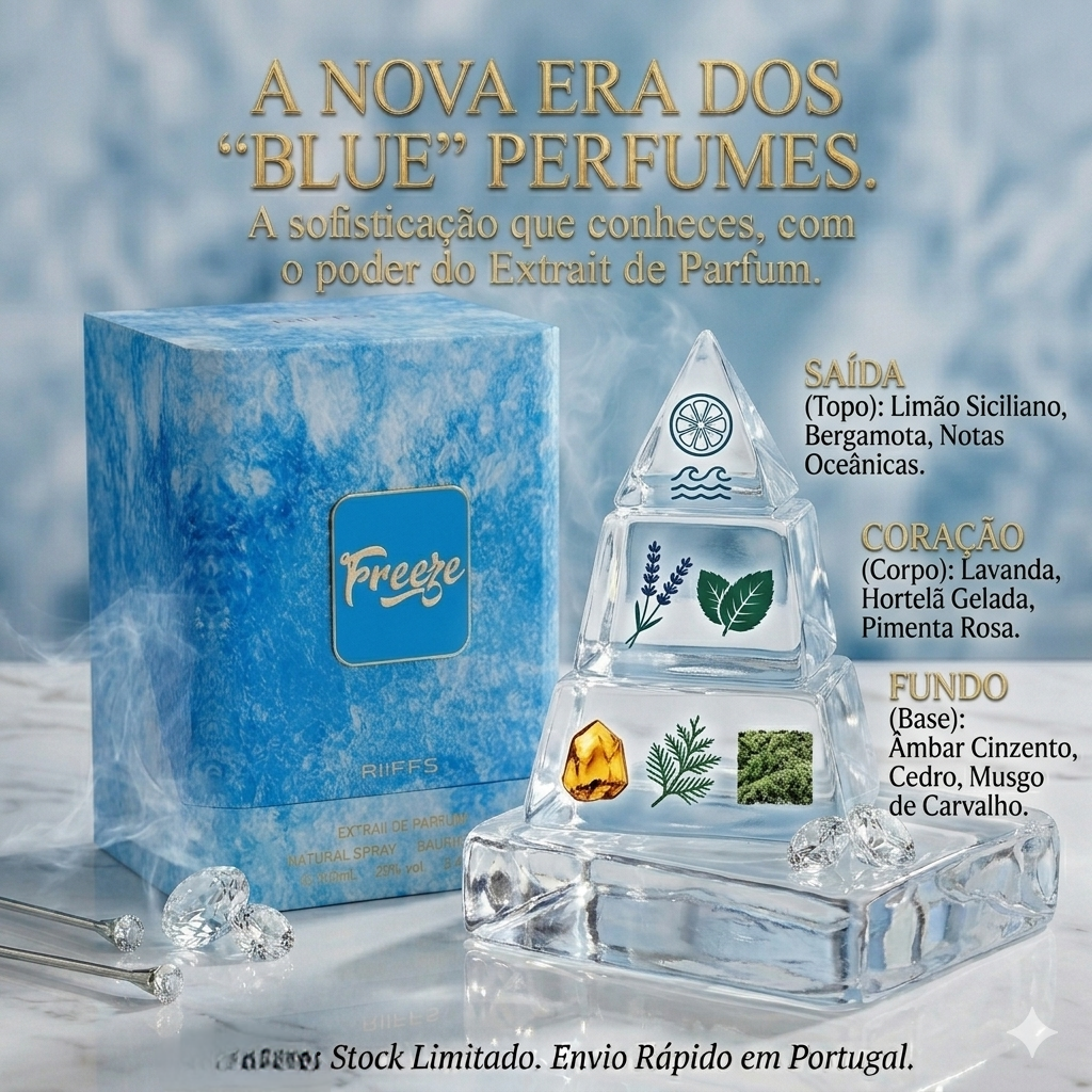Frasco de perfume Freeze Extrait de Parfum da Luxos do Oriente, embalagem elegante e detalhes do frasco com design sofisticado