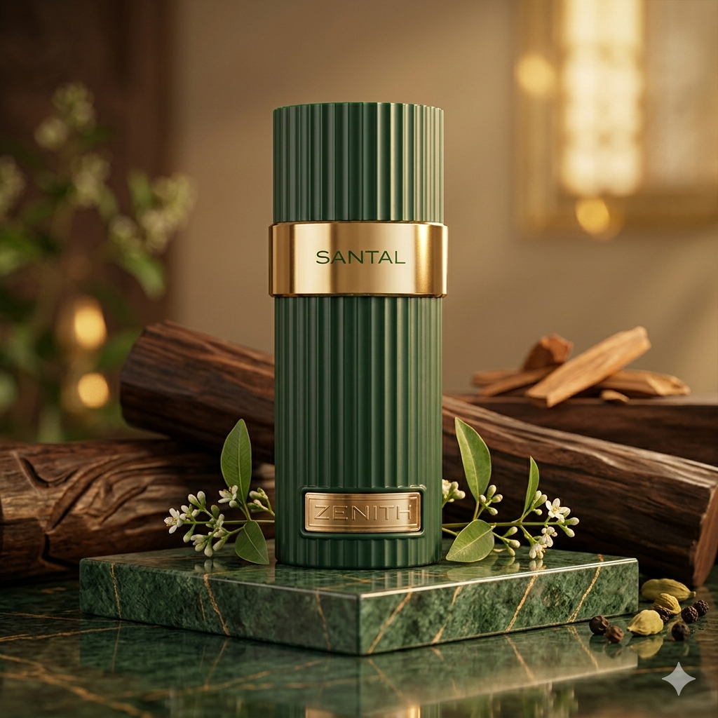 Frasco de Eau de Parfum Zenith Santal da Luxos do Oriente, fragrância francesa com design elegante, destinado a homens e mulheres.
