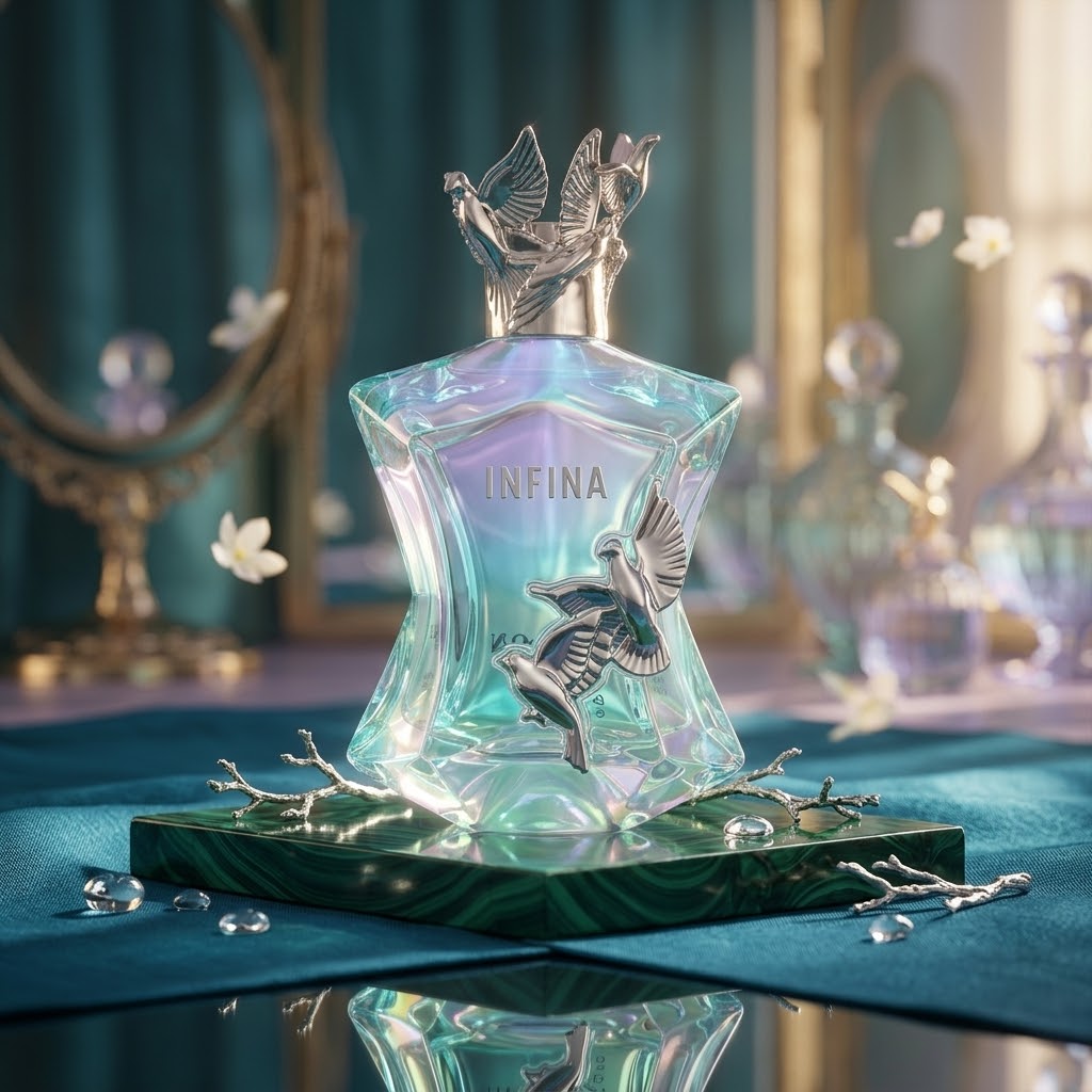 Frasco de Eau de Parfum Infina da Maison Asrar, com detalhes elegantes e rótulo em vidro transparente, refletindo luz suave.