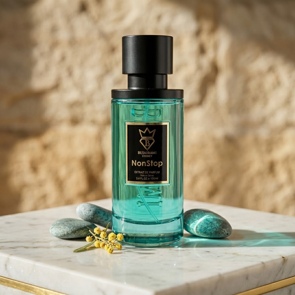 Frasco de perfume Non-Stop Extrait de Parfum Bujairami da Luxos do Oriente, com design elegante e rótulo visível.