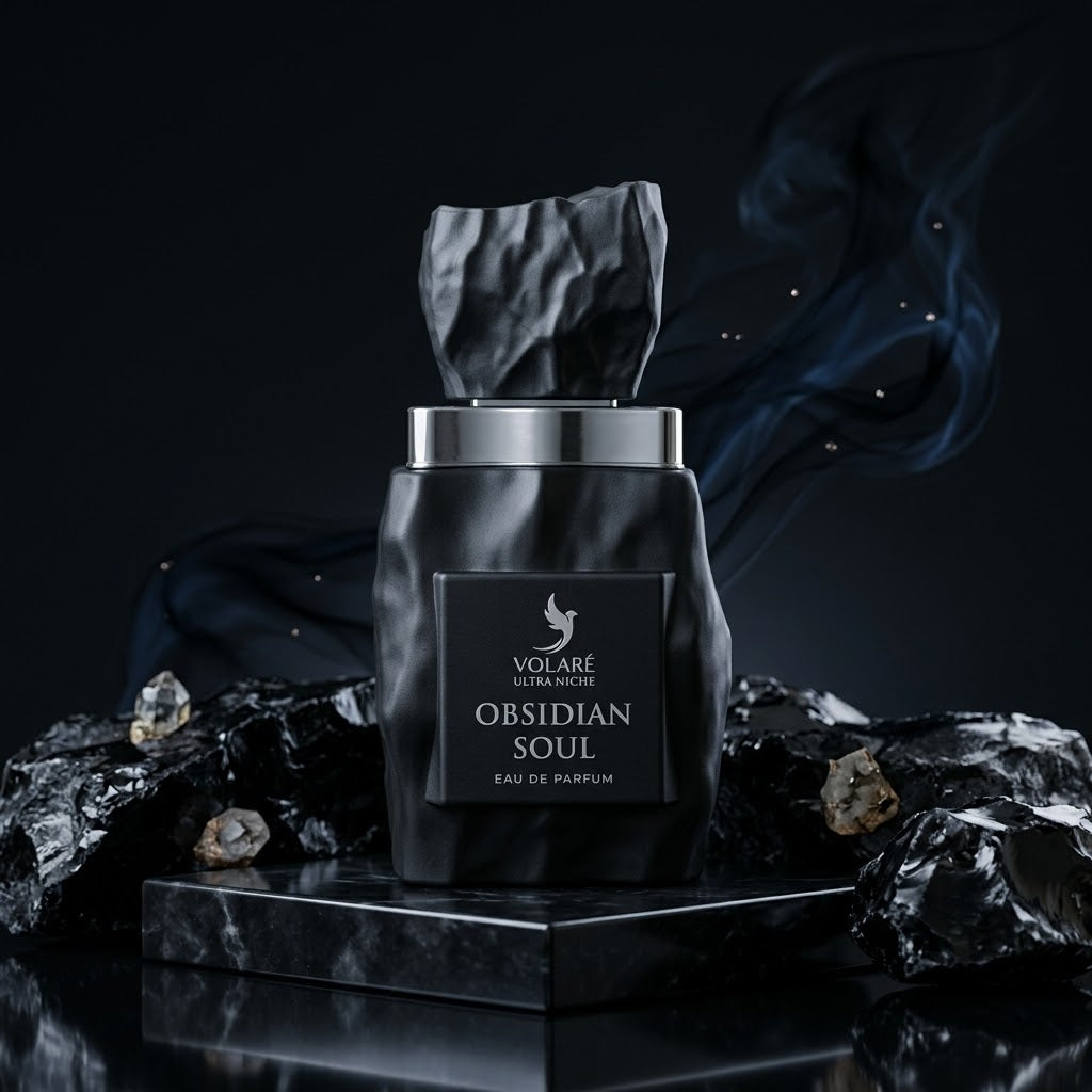 Frasco de perfume Ultra Niche Obsidian Soul da Luxos do Oriente, Eau de Parfum com design elegante e detalhes em preto e dourado.