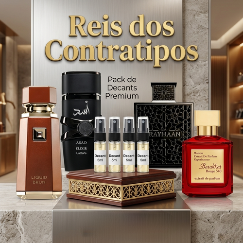 Conjunto de 4 frascos de 5ml do Pack Decants "Reis dos Contratipos" da Luxos do Oriente, perfumes árabes e de nicho.