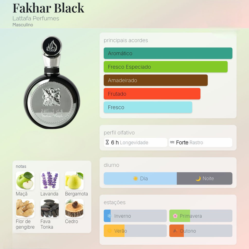 Perfume Fakhar Black Eau de Parfum, Lattafa Original, frasco preto com detalhes dourados, ideal para ocasiões especiais.