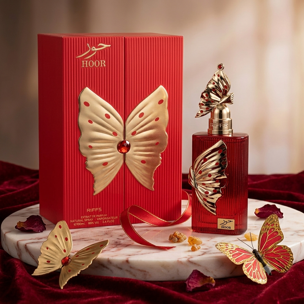Frasco de perfume Hoor Extrait de Parfum Riiffs Original da Luxos do Oriente, com frasco elegante e detalhes dourados.