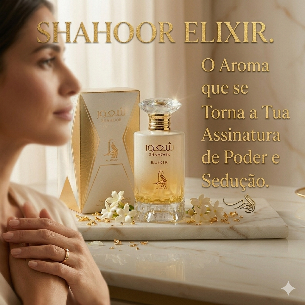 Frasco de Eau de Parfum Shahoor Elixir da Fragrance World, com design elegante e detalhes dourados, para fragrância luxuosa.