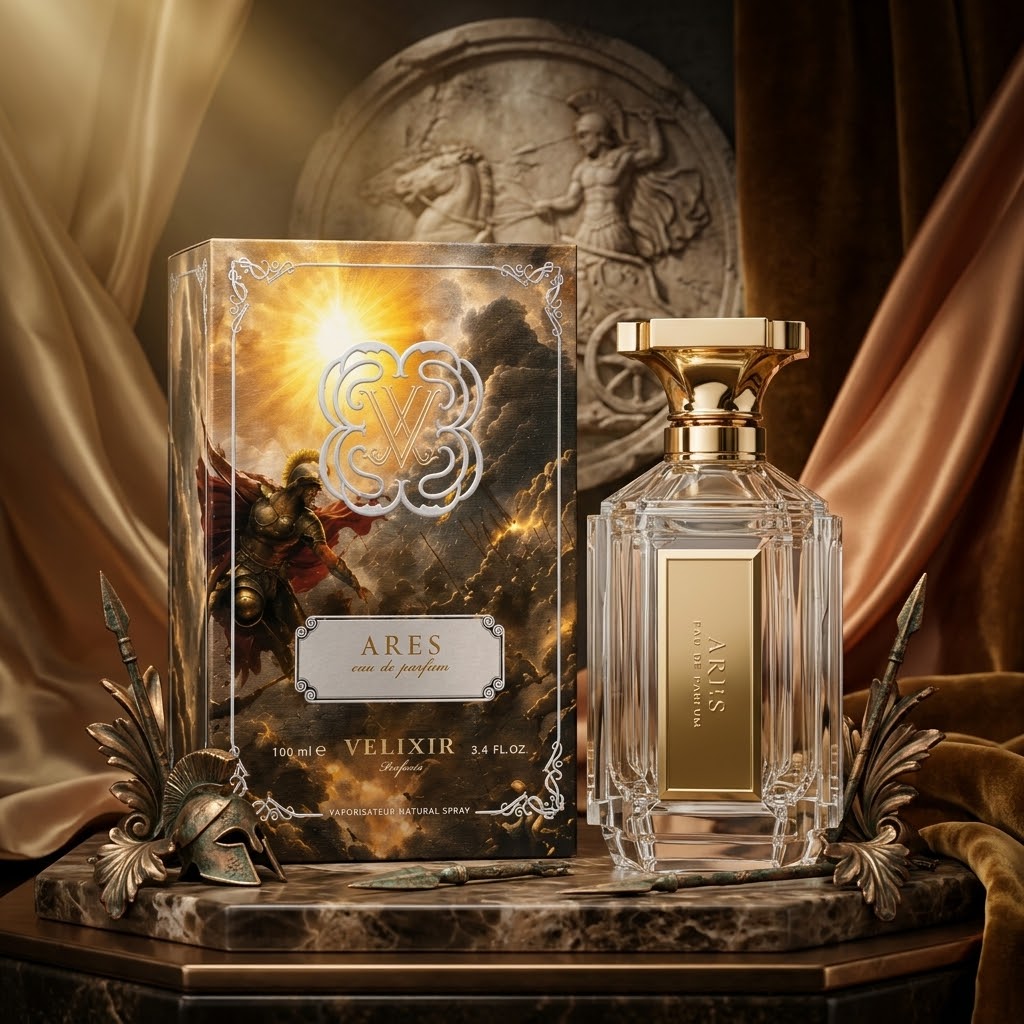 Perfume Ares Velixir da Luxos do Oriente, frasco de Eau de Parfum com detalhe dourado e design elegante.
