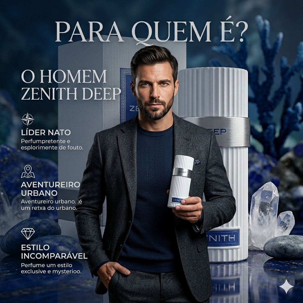 Frasco de Eau de Parfum Zenith Deep da Luxos do Oriente, com design elegante e detalhes dourados, sobre fundo neutro.