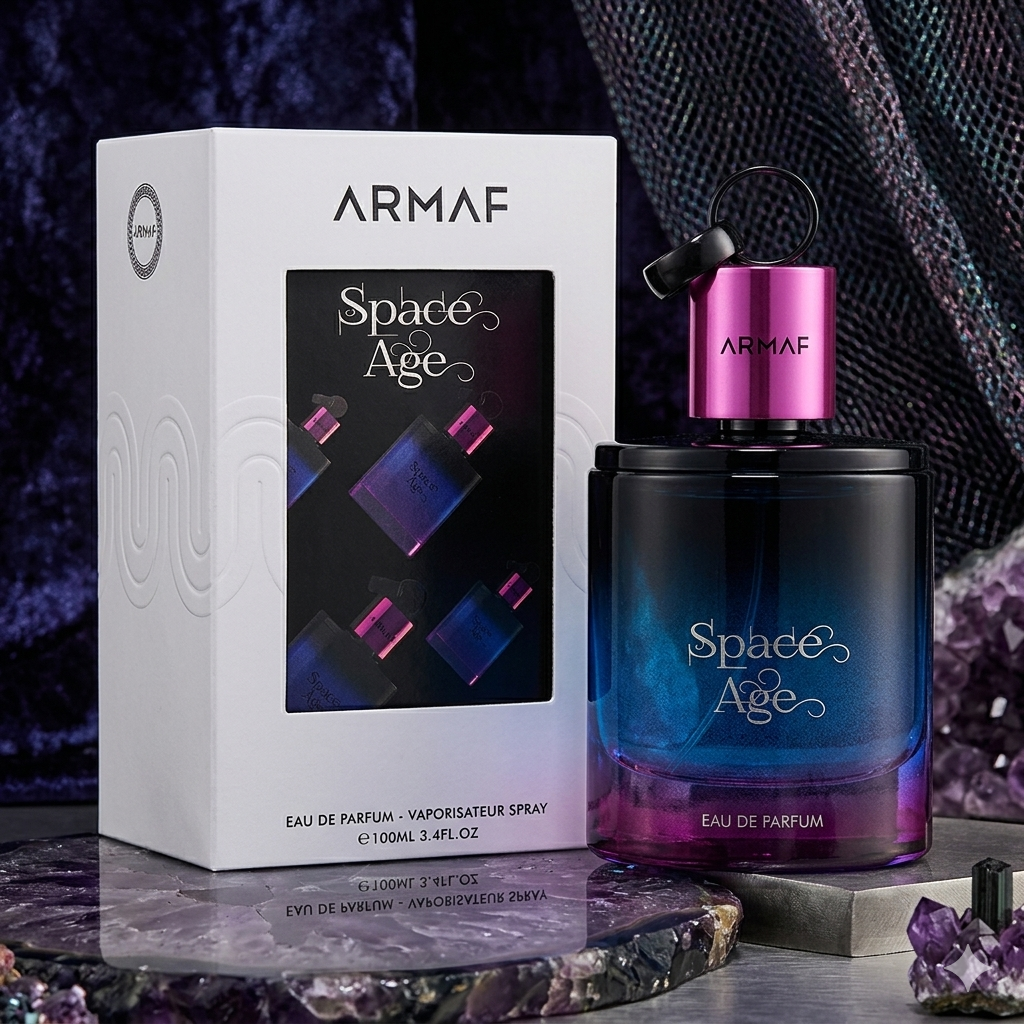 Eau de Parfum Space Age da Armaf Original, frasco elegante com design futurista, refletindo sofisticação e estilo moderno.