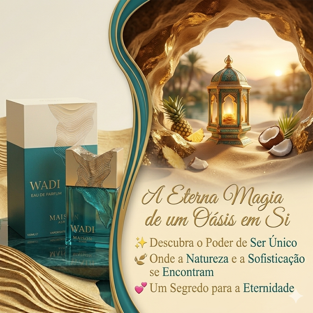 Frasco de perfume Wadi Eau de Parfum da Maison Asrar, com design elegante e detalhes dourados, para uso feminino e masculino.