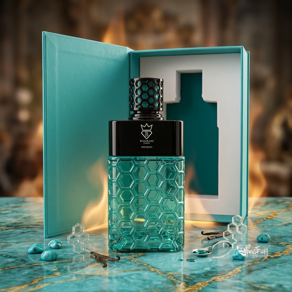 Frasco de perfume Inferno Eau de Parfum da Luxos do Oriente, com design elegante e detalhes dourados.
