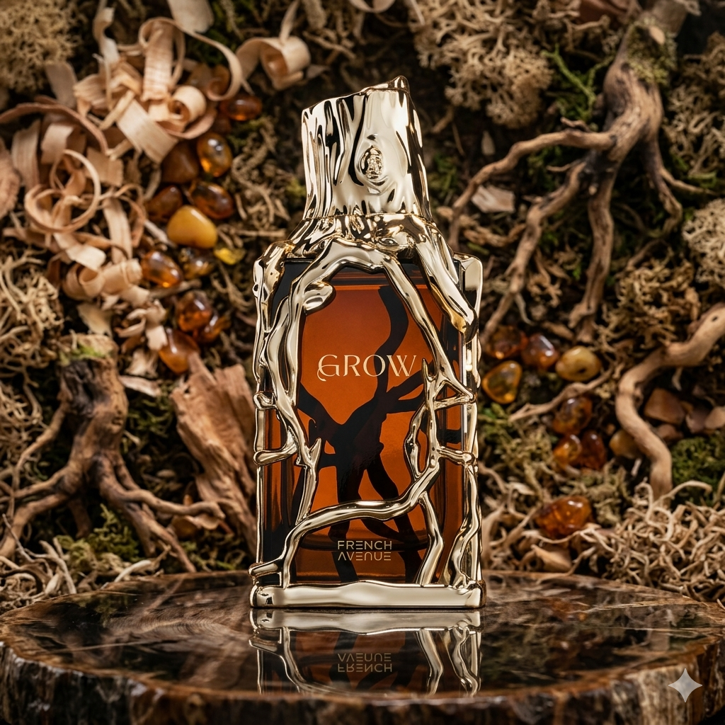 Frasco de perfume Grow Extrait de Parfum Luxos do Oriente com design elegante, inspirado na Avenida Francesa, para fragrância intensa e sofisticada.