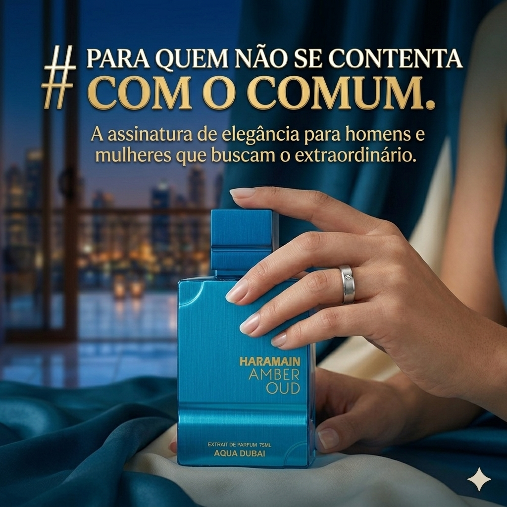 Frasco de perfume Haramain Amber Oud Aqua Dubai, extração de parfum, embalagem elegante da marca Al Haramain Original.