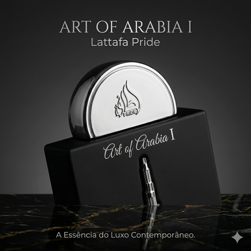 Perfume Art of Arabia I Eau de Parfum da Lattafa Pride, frasco elegante com detalhes dourados, símbolo de luxo e elegância.