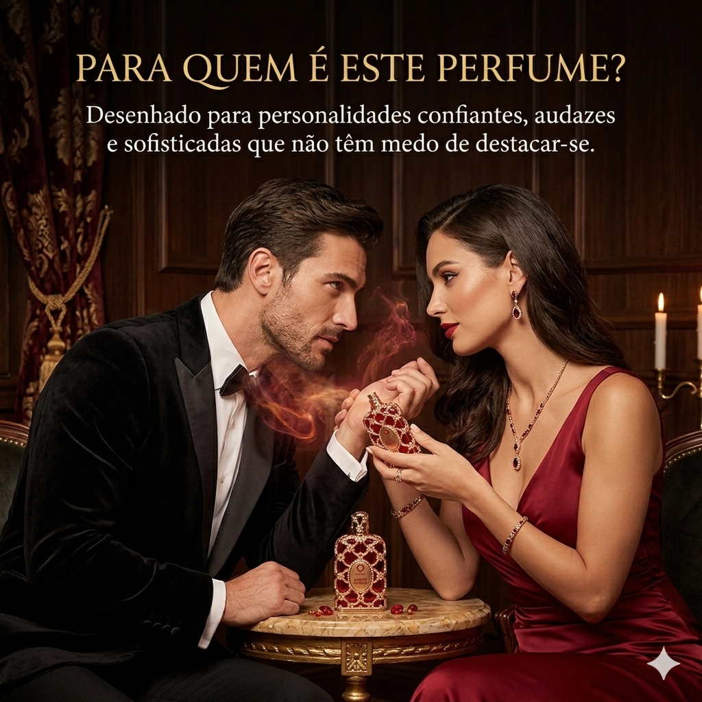 Frasco de perfume Amber Rouge Eau de Parfum Luxury da Orientica, embalagem elegante com detalhes dourados e líquido âmbar.