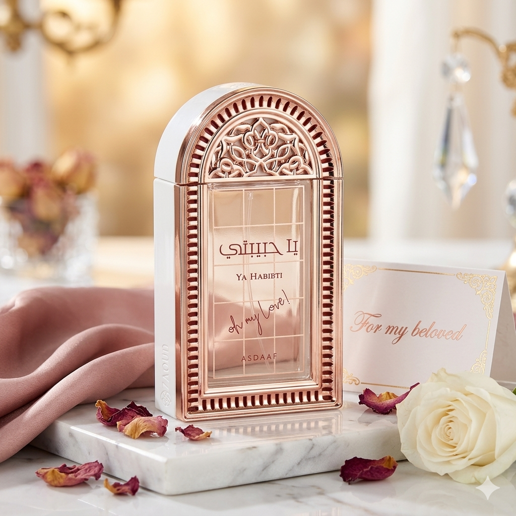 Perfume Ya Habibti Oh My Love da Luxos do Oriente, frasco de Eau de Parfum, detalhes do rótulo e embalagem elegante.