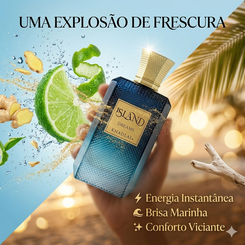 Frasco de perfume Island Dreams - Extrait de Parfum da Khadlaj, com embalagem elegante e detalhes dourados, para homens e mulheres.