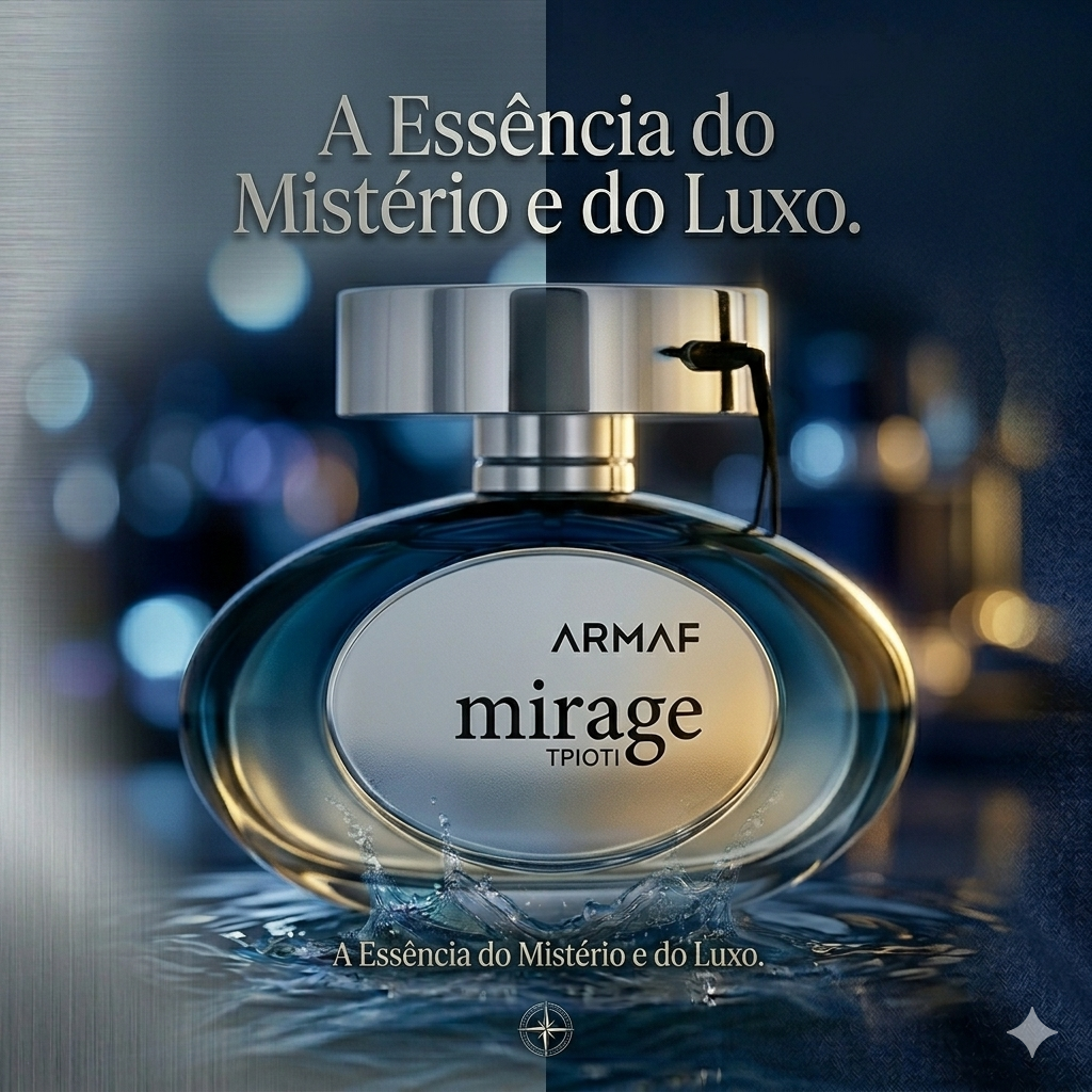 Frasco de perfume Mirage Man Eau de Parfum da Armaf, com design elegante e detalhes dourados, sobre fundo neutro.