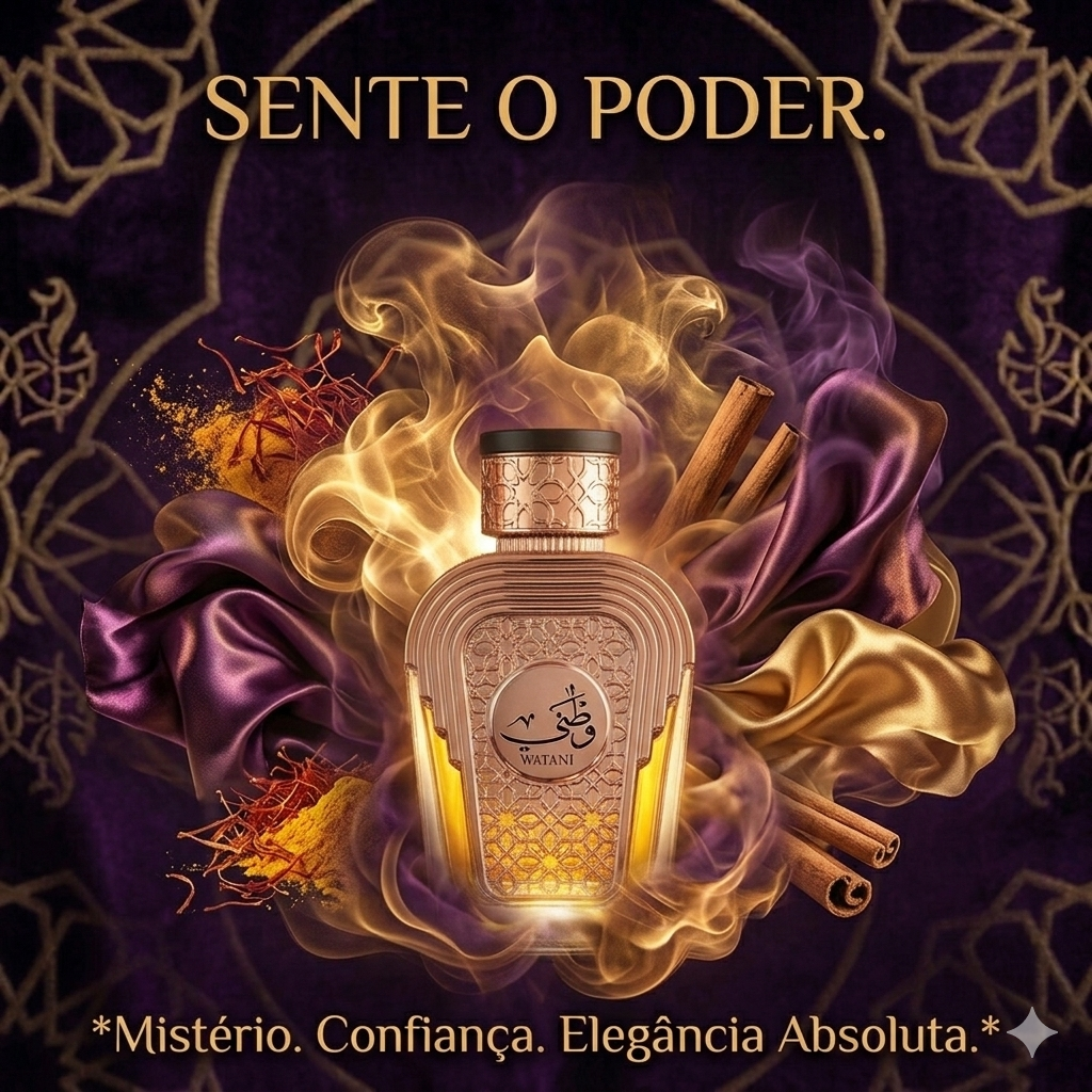 Perfume Eau de Parfum Watani Al Wataniah da Luxos do Oriente, embalagem com frasco elegante e detalhes dourados.