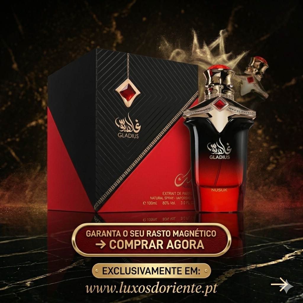 Frasco de perfume Gladius Extrait de Parfum da Luxos do Oriente, com design elegante e embalagem minimalista.