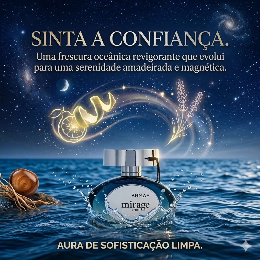 Perfume Mirage Man Eau de Parfum da Armaf, embalagem com frasco elegante e design sofisticado para homens.