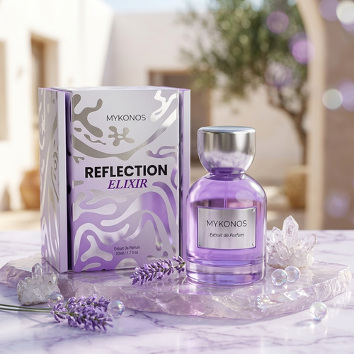 Frasco de Reflection Elixir Extrait de Parfum Luxos do Oriente com design elegante, inspirado na ilha de Mykonos, para uma fragrância sofisticada.