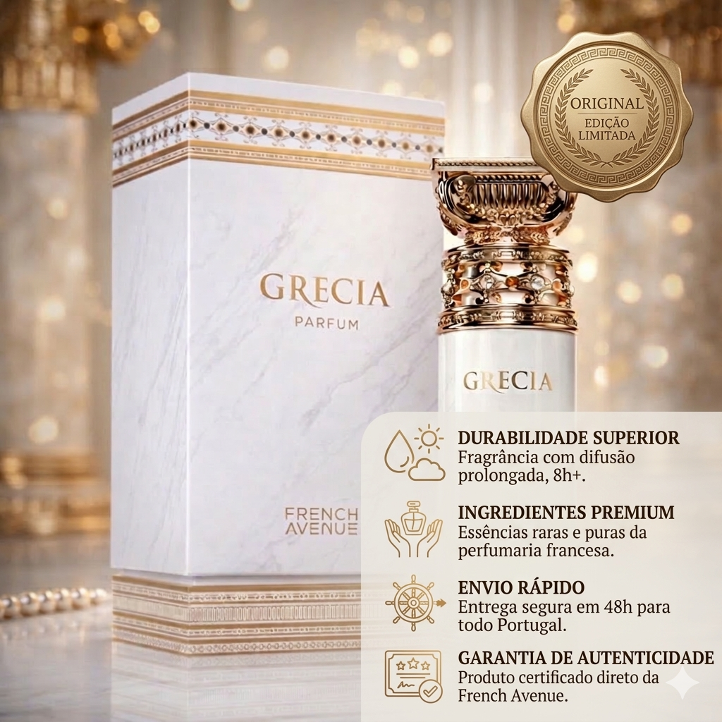 Fragrância Oud de Ouro Grécia – French Avenue Original, embalagem com frasco de perfume dourado e detalhes elegantes.