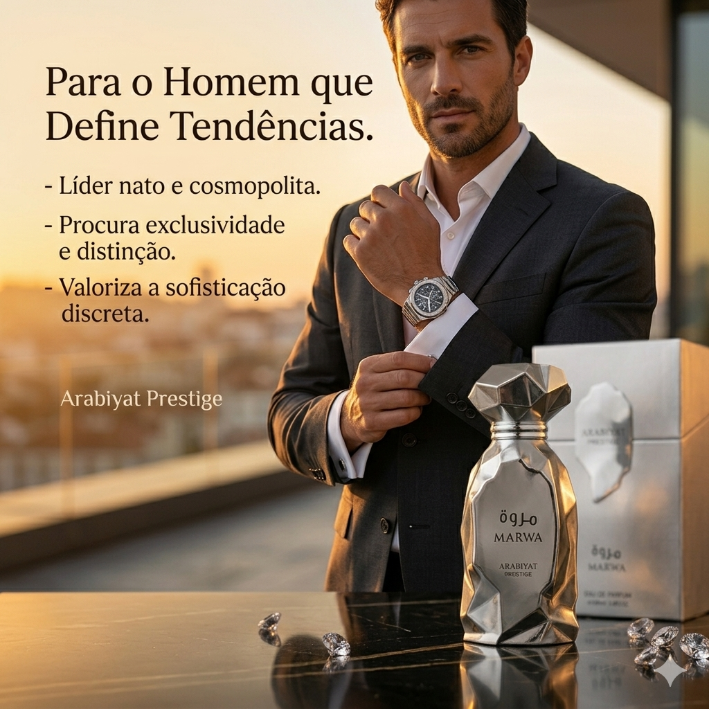 Frasco de Eau de Parfum Marwa Arabiyat Prestige Original, fragrância luxuosa com design elegante, da Luxos do Oriente.