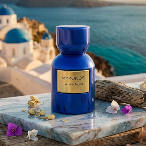 Frasco de perfume Inception Extrait de Parfum Mykonos, embalagem elegante da marca Luxos do Oriente, com detalhes dourados.
