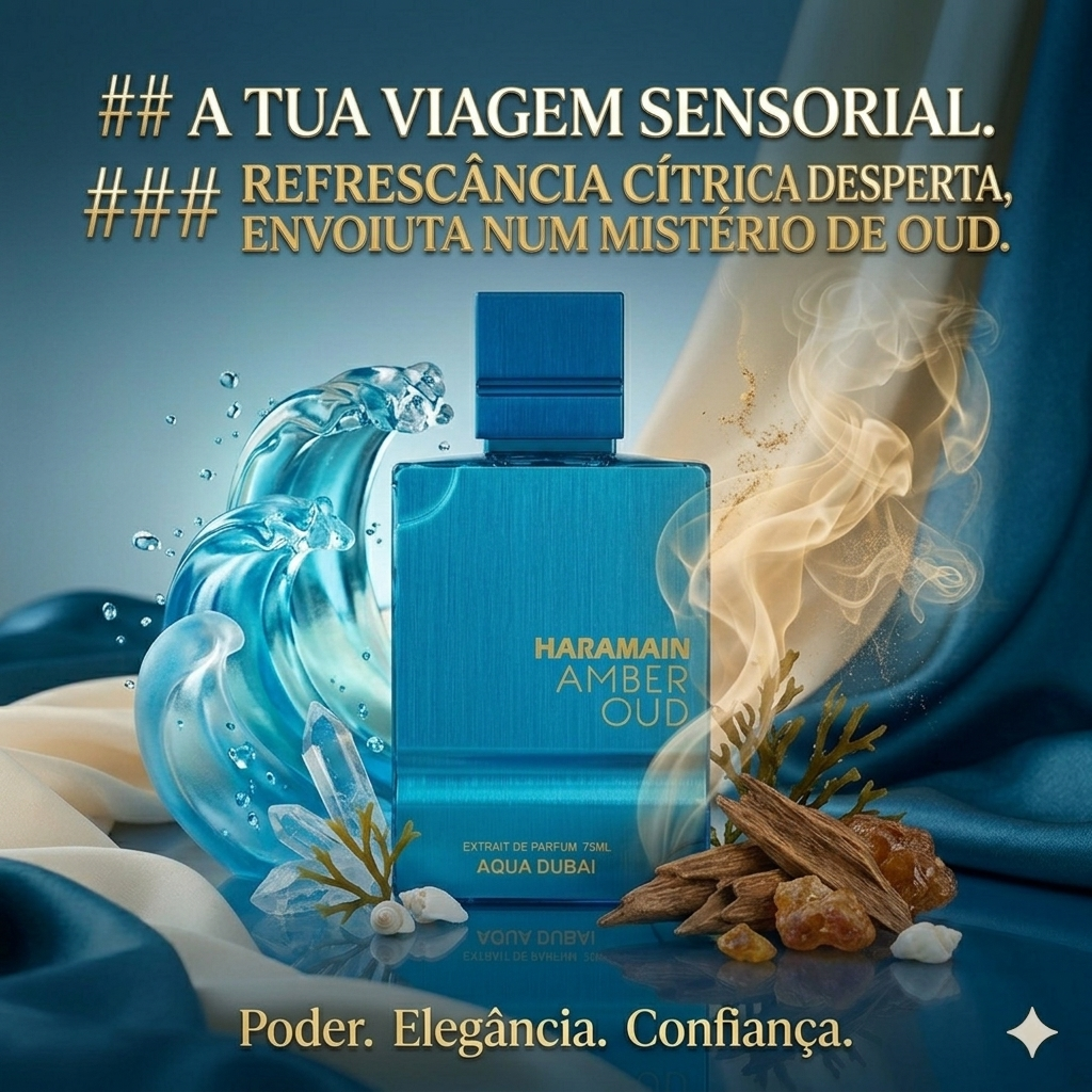Frasco de perfume Haramain Amber Oud Aqua Dubai, extrato de parfum Al Haramain, com design elegante e rótulo dourado.