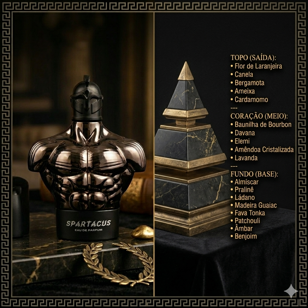 Frasco de perfume Spartacus Eau de Parfum da Armaf, com design elegante e detalhes dourados, ideal para homens sofisticados.