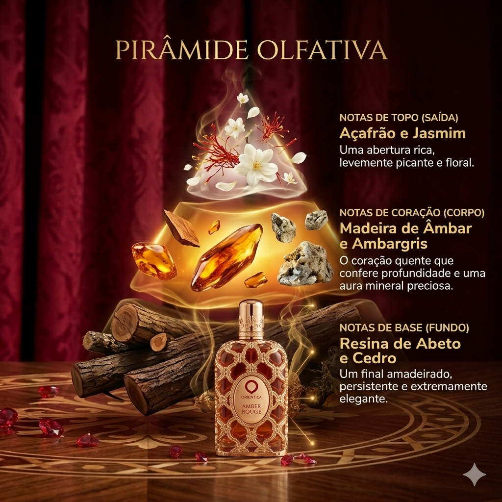 Frasco de Amber Rouge Eau de Parfum Luxos do Oriente, perfume de luxo com embalagem elegante e design sofisticado.